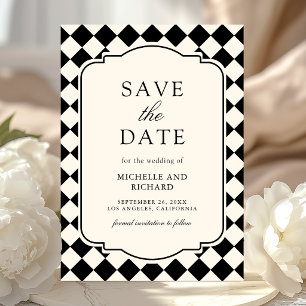 Vintage Old Money Ivory Black Chequered Wedding Save The Date