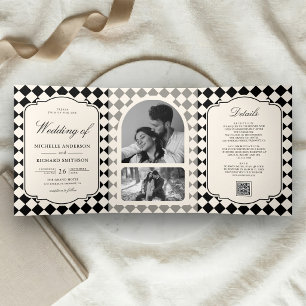 Vintage Old Money Ivory Black Chequered Wedding Tri-Fold Invitation