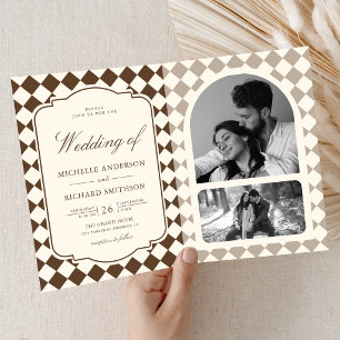 Vintage Old Money Ivory Brown Chequered Wedding Invitation