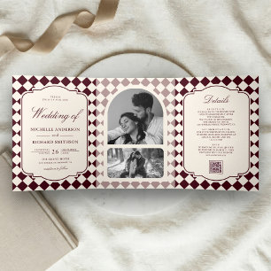 Vintage Old Money Ivory Burgundy Chequered Wedding Tri-Fold Invitation