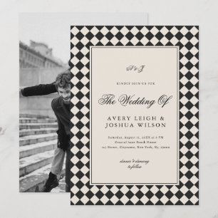 Vintage Old Money Preppy Checkered Photo Wedding Invitation