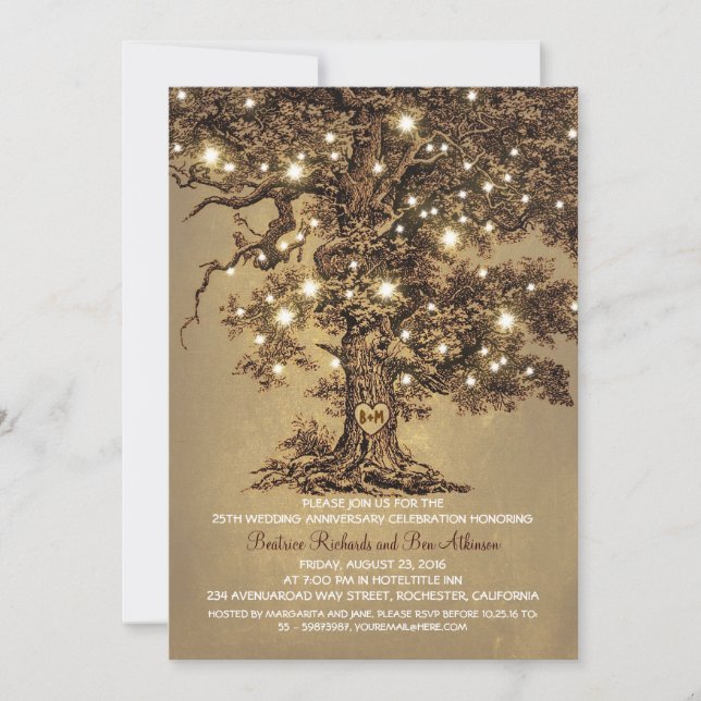 vintage old oak tree rustic wedding anniversary invitation (Front)