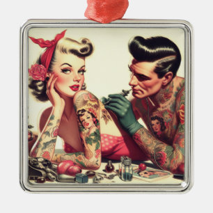 Vintage Old School Tattoo Couple Illustration Metal Ornament