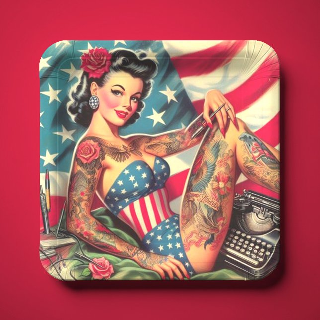 Vintage Old School Tattoo Pin Up Paper Plate (Creator Uploaded)