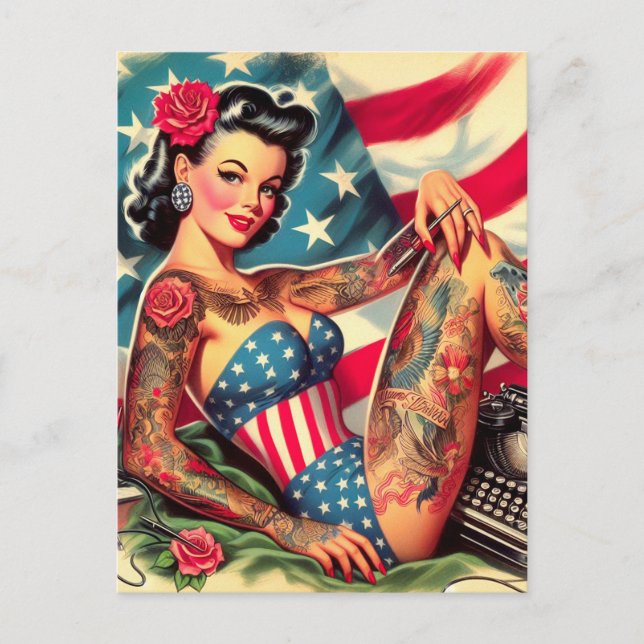 Vintage Old School Tattoo Pin Up Postcard (Front)