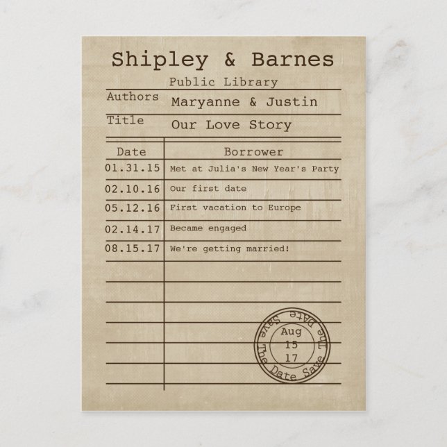 Vintage Old Time Library Card Save The Date (Front)