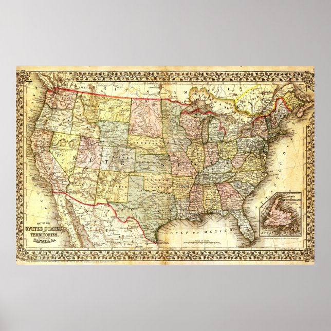 Vintage Old United States USA General Map Poster (Front)
