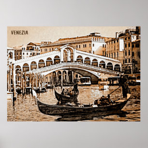 Vintage Old Venice Rialto Bridge Gondola Etching Poster