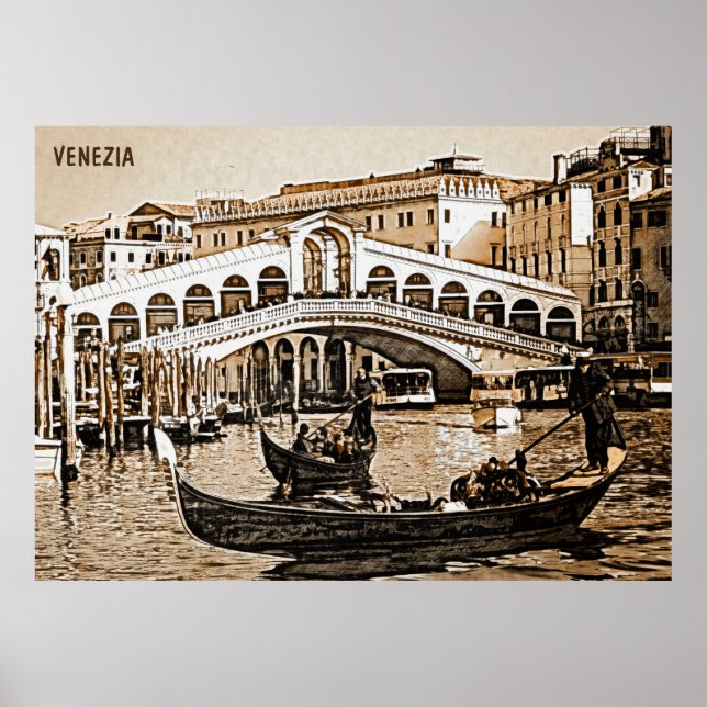 Vintage Old Venice Rialto Bridge Gondola Etching Poster (Front)