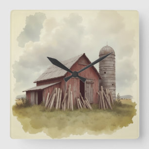 Vintage old watercolor barn square wall clock