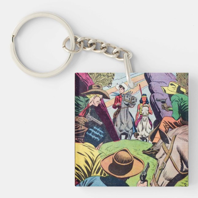 Vintage Old West Comic Book Scene Keychain (Front)