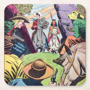 Vintage Old West Comic Book Scene Square Paper Coaster