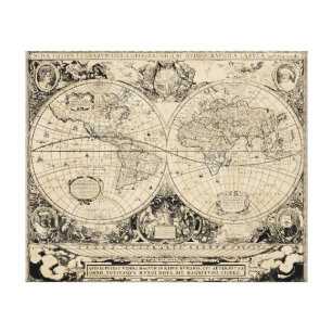 Vintage Old World Map Beige and Black Canvas Print