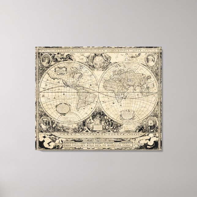 Vintage Old World Map Beige and Black Canvas Print (Front)