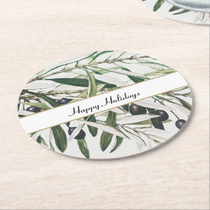 Vintage Olive Branch Happy Holidays Round Paper Coaster
