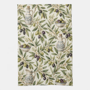 Vintage Olive Branches Mediterranean Pattern Kitchen Towel
