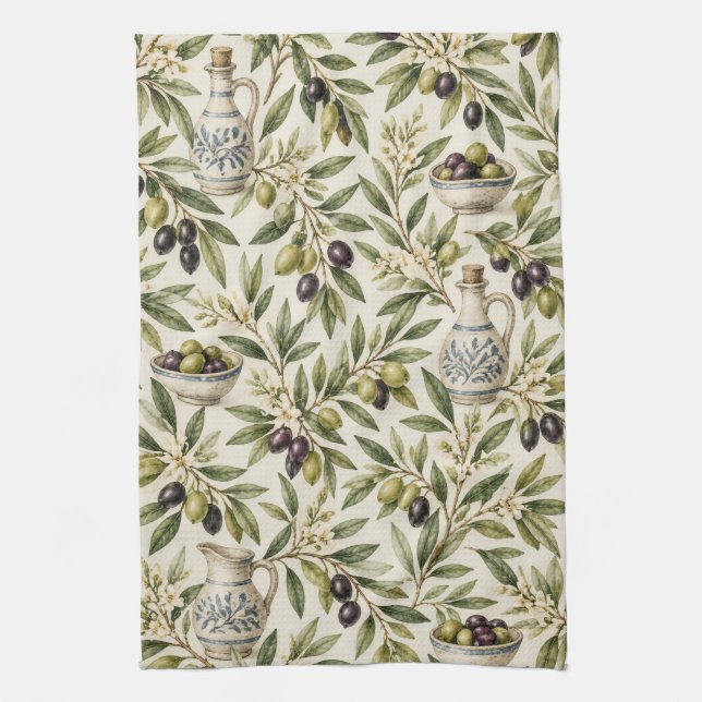 Vintage Olive Branches Mediterranean Pattern Kitchen Towel (Vertical)