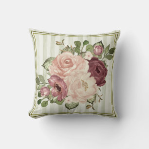 Vintage Olive/Cream Stripes with Cabbage Roses  Throw Pillow