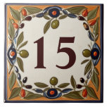Vintage Olive Custom House Number Plaque Sign Tile<br><div class="desc">"custom house number plate",  "personalized house no plaque",  "personal customized text sign",  "olive farm casa ceramic tile",  "mediterranean green olives fruit",  "vintage yellow farmer art",  "traditional summer vacation nature",  "mailing postage mail post address",  "farmhouse holiday home signage",  "decorative rustic farming villa"</div>