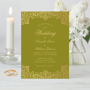 Vintage Olive Gold Calligraphy Elegant Wedding Invitation