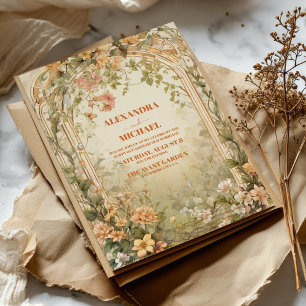 Vintage Olive Green Floral Art Nouveau Wedding Invitation