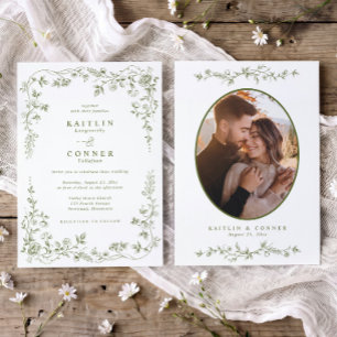 Vintage Olive Green French Floral Wedding Photo Invitation