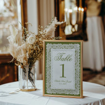 Vintage Olive Green Lace Wedding Table Number