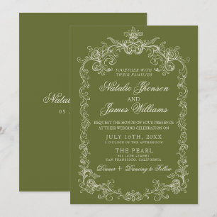 Vintage Olive Green Old Money Fancy Wedding Invitation