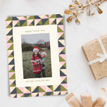 Vintage Olive Green Pink Christmas Geometric Photo Holiday Card<br><div class="desc">Celebrate the holiday season in style with this Vintage Olive Green and Pink Christmas Geometric Photo Holiday Card. Featuring a unique combination of retro geometric patterns and a modern colour palette, this card adds a chic, nostalgic touch to your holiday greetings. Personalize it with your favourite family photo and a...</div>
