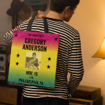 Vintage Ombre Concert Poster with Photo Custom Tote Bag<br><div class="desc">Celebrate musicians with this fun custom tote bag. It's ready to be personalized with their name, your own custom text and a photo. The bag is in the style of a vintage concert poster. Bold black lettering is set against a magenta, yellow and cyan ombre toned background. A square black...</div>