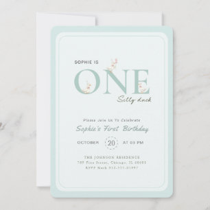 Vintage One Silly Duck Blue Pink Bow 1st Birthday Invitation