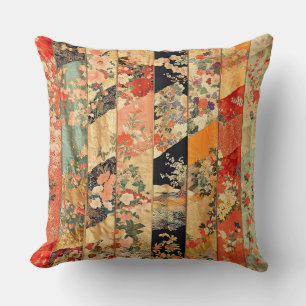 Vintage Orange abd Black Floral Kimono Patchwork Throw Pillow