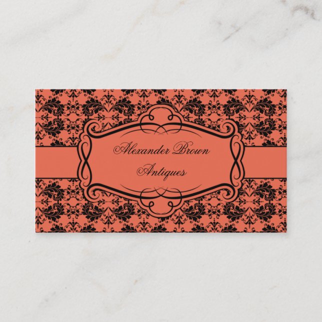Vintage Orange and Black Damask Business Card (Front)