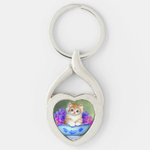 Vintage Orange and White Kitten Illustration Keychain