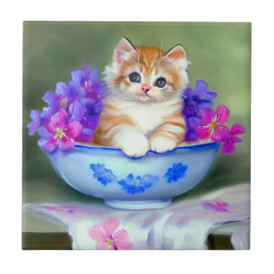 Vintage Orange and White Kitten Illustration Tile