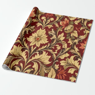 Vintage Orange and Yellow Floral Pattern on Maroon Wrapping Paper