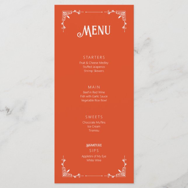 Vintage Orange Birthday Menu Flat Card  (Front)