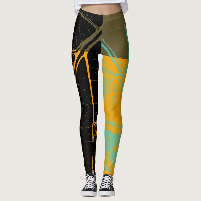 Vintage Orange Black Leaf Leggings (Front)
