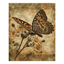 Vintage Orange Butterfly with White Flowers