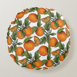 Vintage Orange Citrus Fruit Pattern Round Pillow