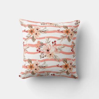 Vintage Orange Floral Stripes Pattern Throw Pillow