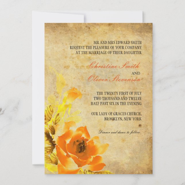 Vintage Orange Floral Wedding Invitation (Front)