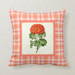 Vintage Orange Geranium with Plaid Pattern Border Throw Pillow