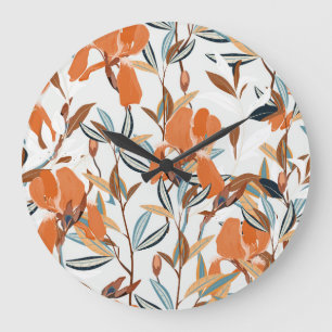 Vintage Orange Iris Floral Pattern Large Clock