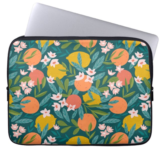 Vintage Orange & Lemon Blossom Pattern Laptop Sleeve (Front)