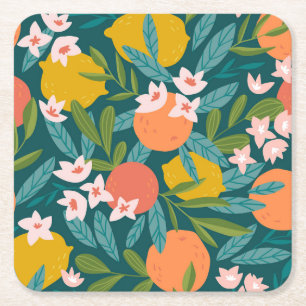 Vintage Orange & Lemon Blossom Pattern Square Paper Coaster