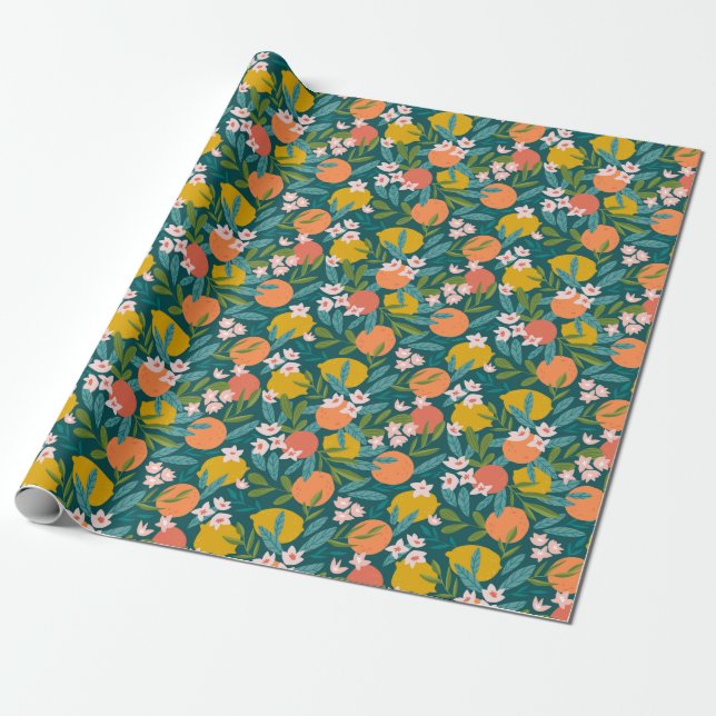 Vintage Orange & Lemon Blossom Pattern Wrapping Paper (Unrolled)