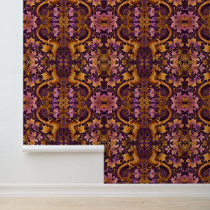 Vintage Orange Pink and Purple Dragon Pattern Wallpaper