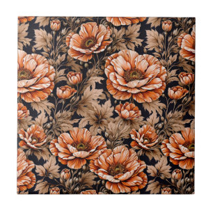 Vintage Orange Poppy Floral Black Tile