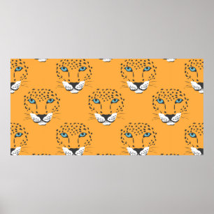 vintage orange seamless pattern with leopard heads poster